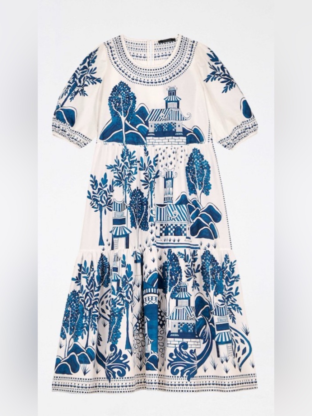 FARM RIO CHINOISERIE ENCHANTED GARDEN MIDI DRESS BLUE SMALL
